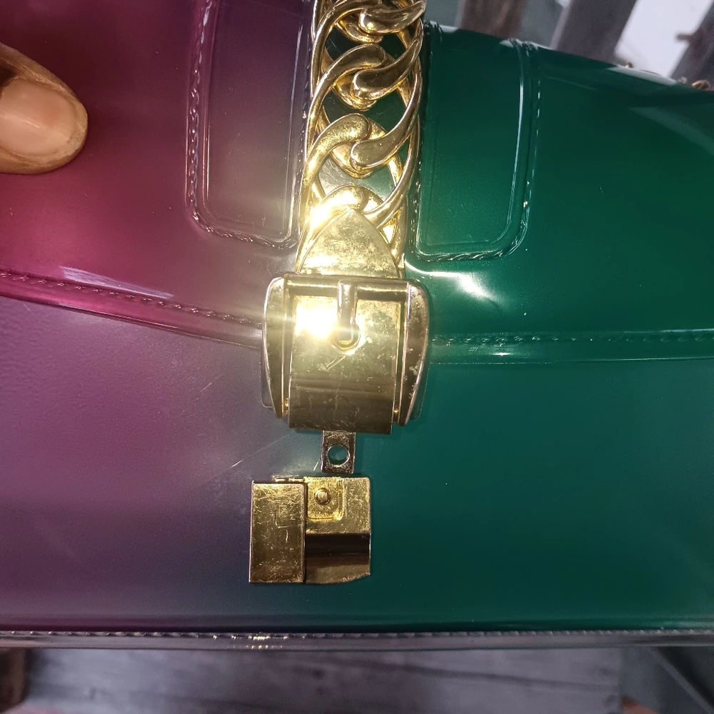 Transparent Jelly Crossbody With Gold Tone Hardware & Chain~Pink & Green Ombre - Picture 6 of 6